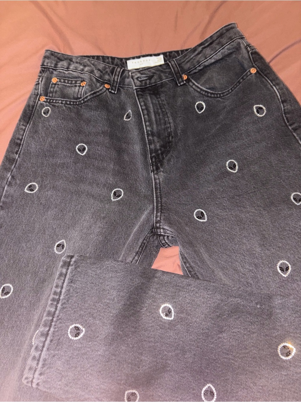 Alien 👽 Rhinestone Head Topshop Gray Mom Jeans